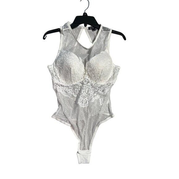 Womens INC White Lace Mesh Bodysuit L Snap Crotch See-Through Polka Dot Design - Picture 1 of 3